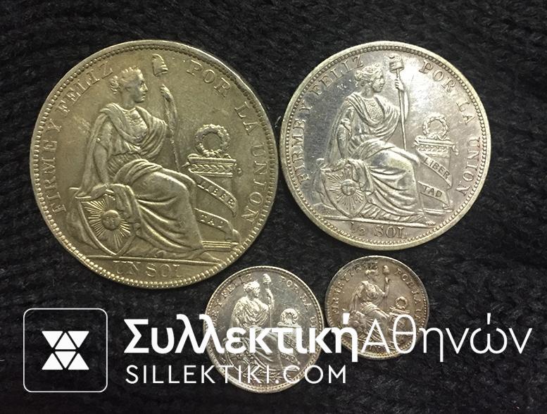 PERU 4 silver coins from 1907 to 1925