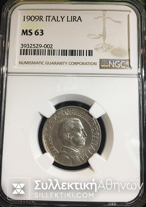 ITALY 1 Lire 1909 MS 63 Rare TOP GRADE