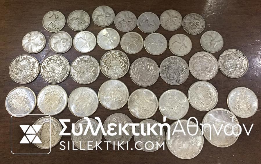 ΚΑΝΑΔΑΣ ΣΥΛΛΟΓΗ 36 Ασημένια Διαφορετικά Νομίσματα 1940-1965