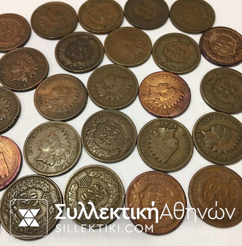 USA Collection of 25 Different Ceent Indian Head 1864-1909