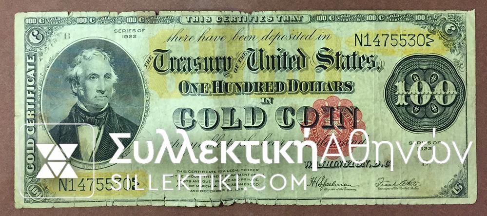 USA 100 Dollar 1922 Gold Cert. F RARE