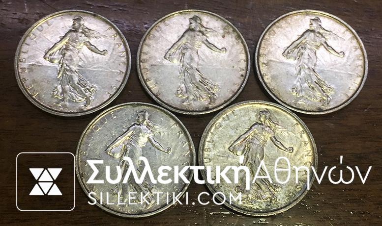FRANCE 5 Dif. Silver Coins Of 5 Franc