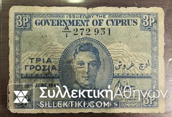 CYPRUS 3 Piastre 1943 F