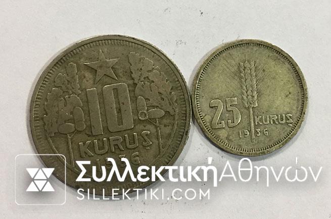 TURKEY 10 & 25 Kurus 1936 VF