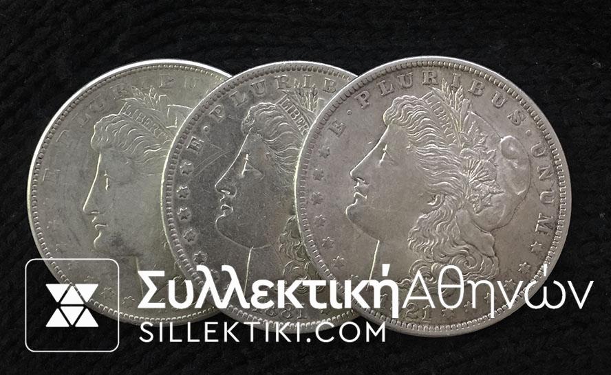 USA Dollar 1921 3 Different Mint VF-AU