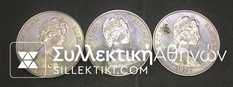 ISLE OF MAN 3 X Crown 1974-76-77 UNC