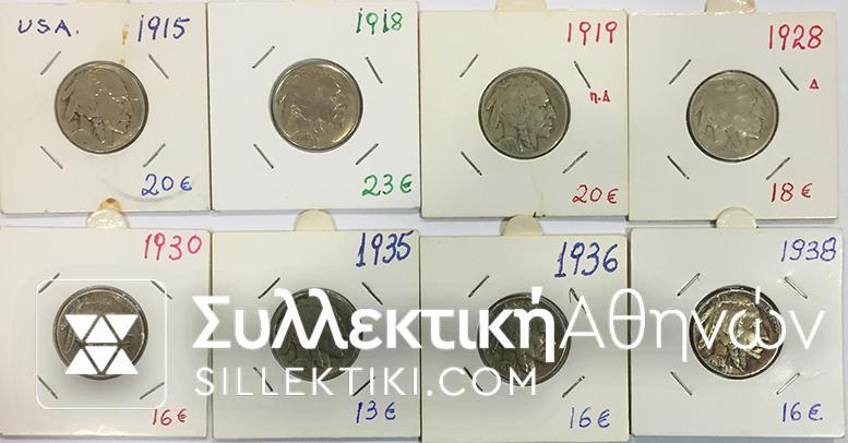 USA Collection of 8 Different Coins 5 cents Indian Heads .1915-1938 F to XF