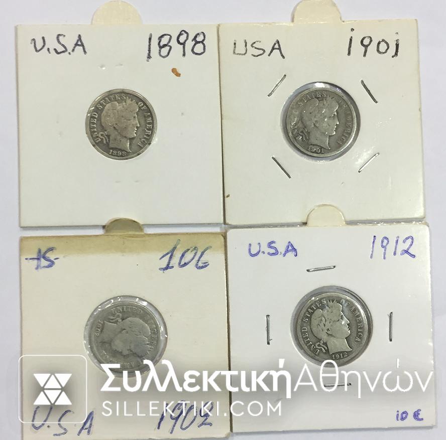 USA 4 X Barber Dimes 1898