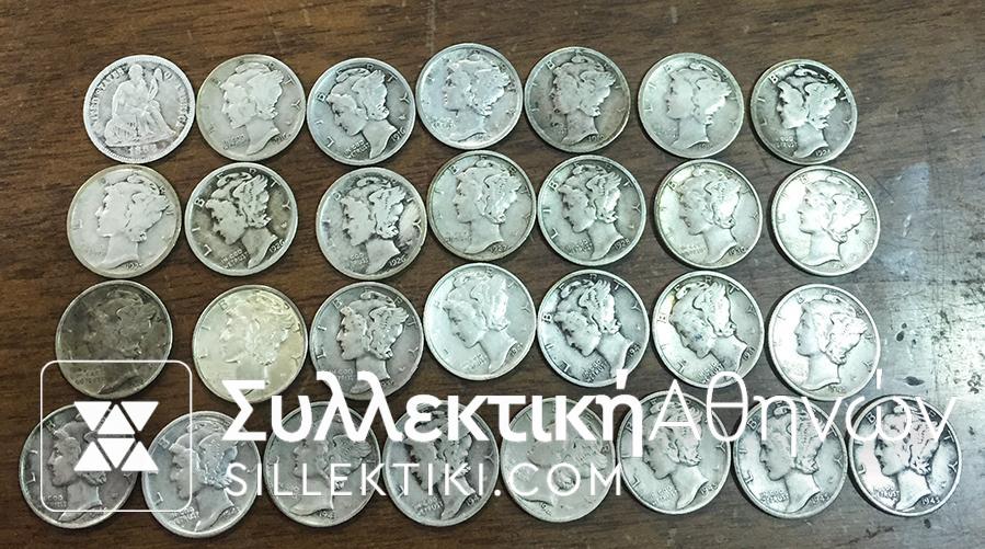 USA Collection 29 Different dimes 1862-1945 VG-AU