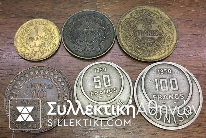 TUNISIA Collection of 6 different coins