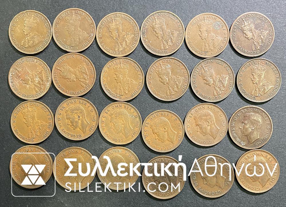 AUSTRALLIA Collection of 24 Different Coins of 1/2 Penny 1912-1951 VF-XF