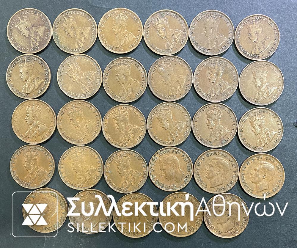ΑΥΣΤΡΑΛΙΑ Συλλογή 29 Διαφορετικά κέρματα της Μίας Πένας 1911-1952 VF to XF