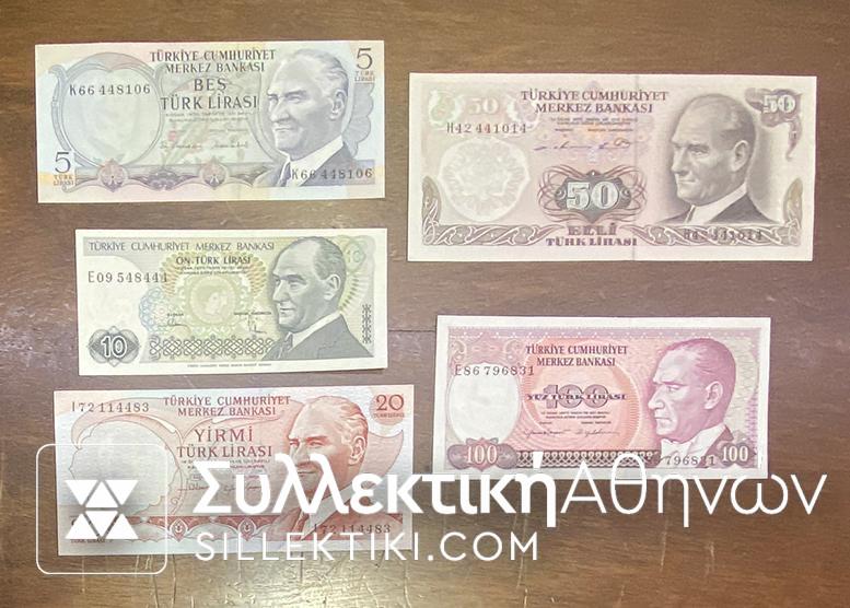 TURKEY 5-10-20-50-100 Liras 1970 UNC