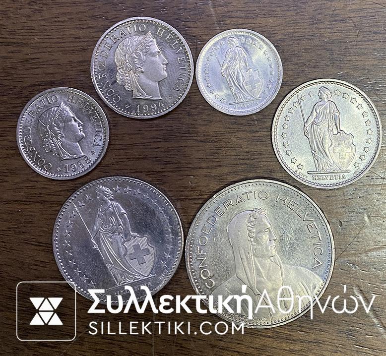 SWITZERLAND Lot of 6 Different Coins AU/UNC