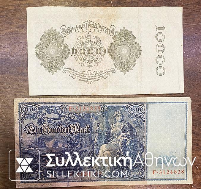 GERMANY 100 and 10.000 Mark 1910 and 1920 VF/XF