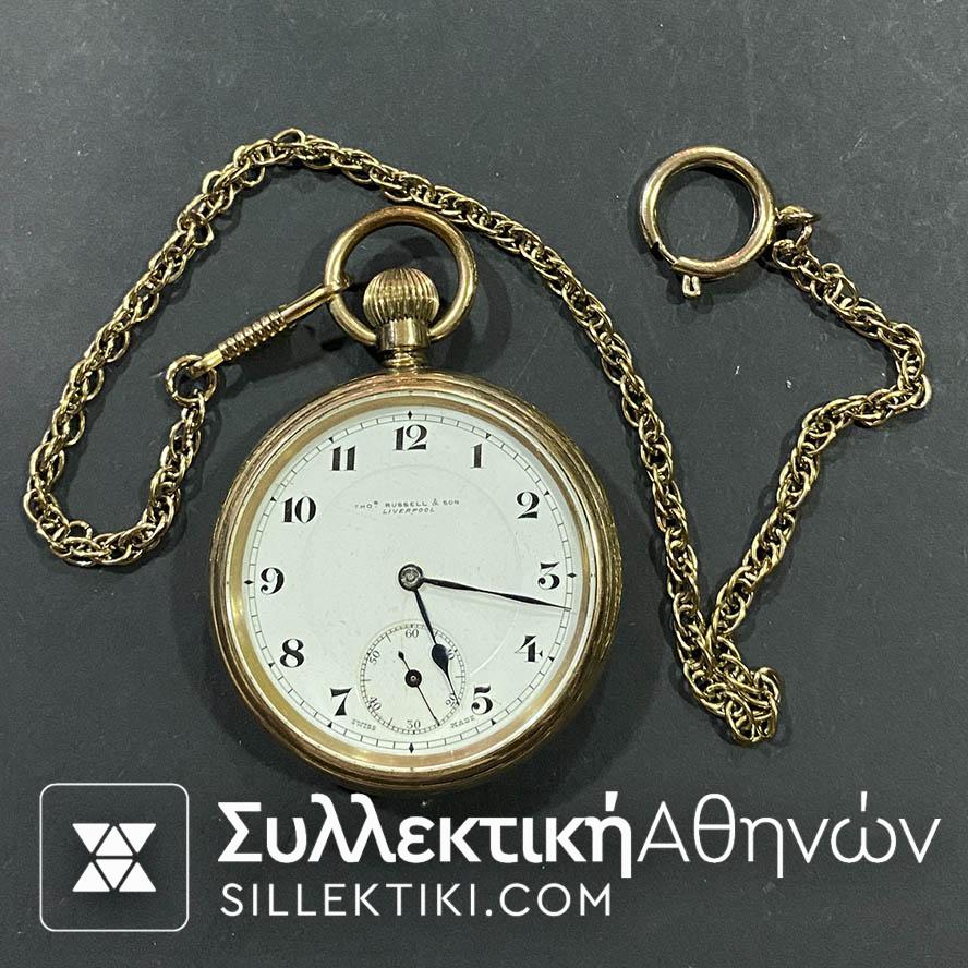 Pocket Watch Gold Plate - THOS RUSSELL & SON Liverpool 50 mm working