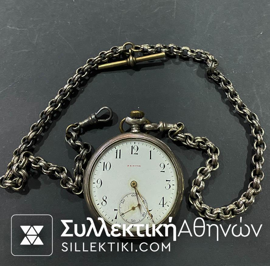 Ασημένιο παλιό Ρολόι τσέπης ZENITH σκαλιστό με διπλόκρικο αλυσίδα σε λειτουργία 48 mm