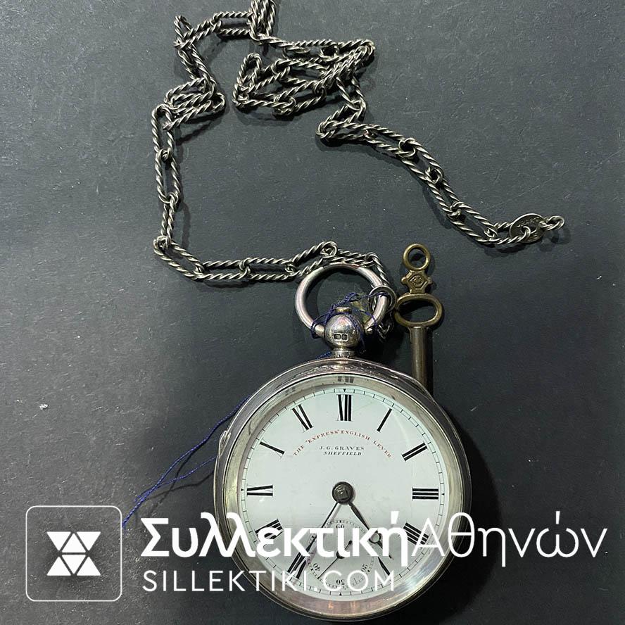 Pocket Watch J.G.GRAVES SHEFFIELD 52 mm Silver Working.... with Key