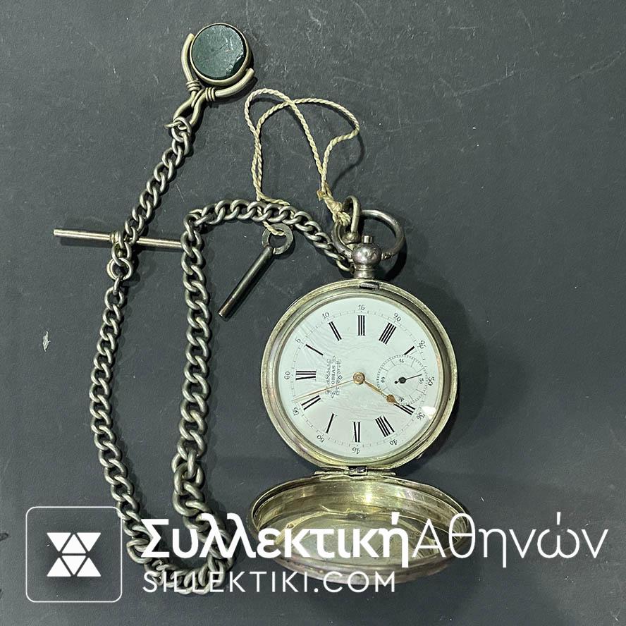 Ρολόι Τσέπης μεγάλο μέγεθος (56mm) Ασημένιο "TOBIAS" ANCRE με την αλυσίδα του και το κλειδί του δεν λειτουργεί