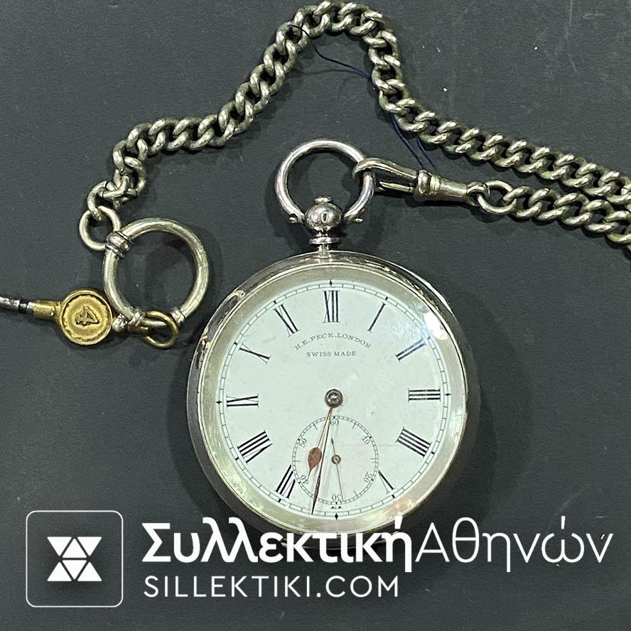 Ρολόι τσέπης Ασημένιο Αντίκα (γύρω στο 1900) H.E.PECK.LONDON 51 mm άριστη κατάσταση σε λειτουργία με το κλειδί και την αλυσίδα του