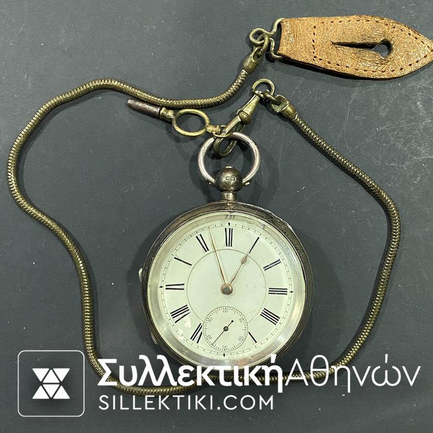 Ρολόι τσέπης Αντίκα 1915 με κλειδί WALTHAM 55 mm ασημένιο σε λειτουργία με το κλειδί και την αλυσίδα. 'Αριστη πλάκα