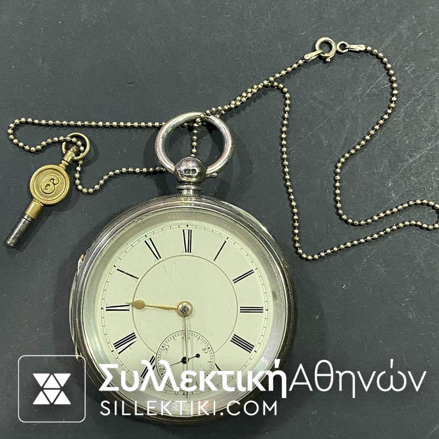 Ρολόι τσέπης Αντίκα (γύρω στο 1900+) ασημένιο άριστη κατάσταση σε λειτουργία 75 mm με κλειδί και αλυσιδάκι