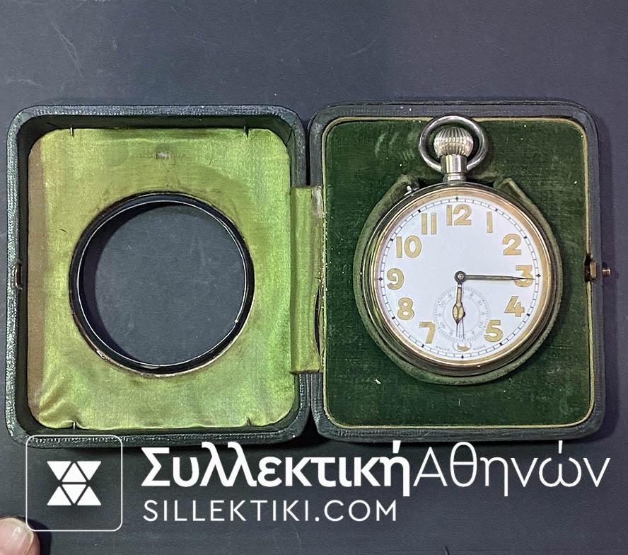 Ρολόι τσέπης μεγάλου μεγέθους 65 mm σε ειδική θήκη με επένδυση ασημιού στην εμπρός όψη που το μετατρέπει σε ρολόι επιτραπέζιο !