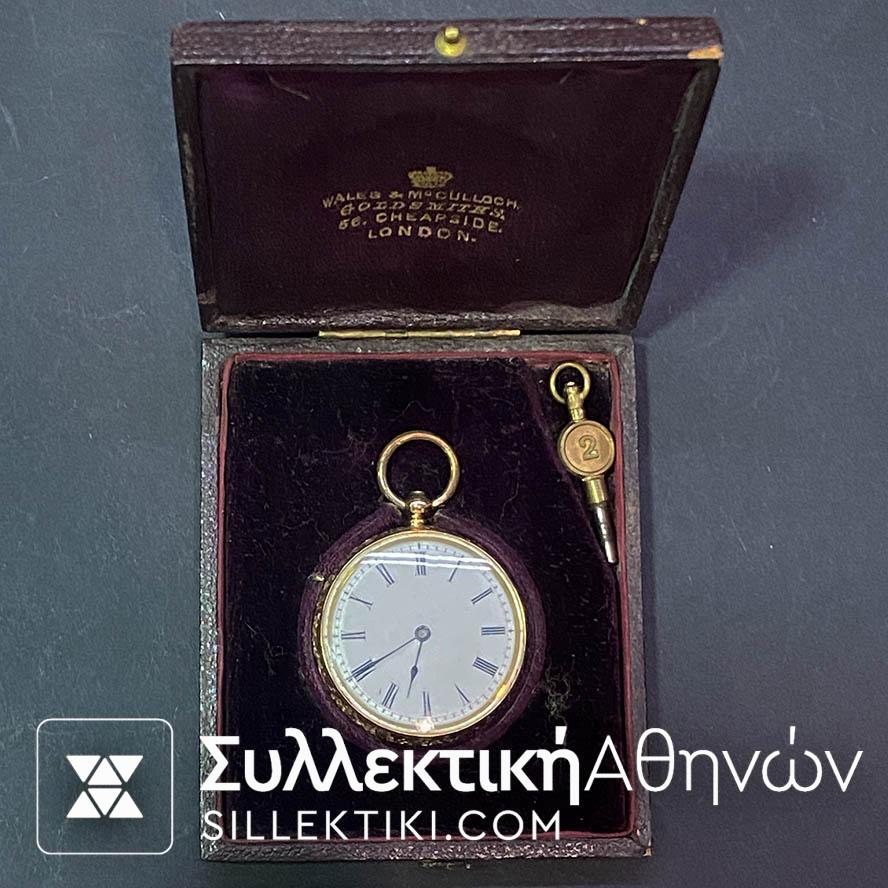 Solid Gold 18 k Pocket Watch Boxed . Wales & Mc Culloch GOLDSMITHS LONDON .