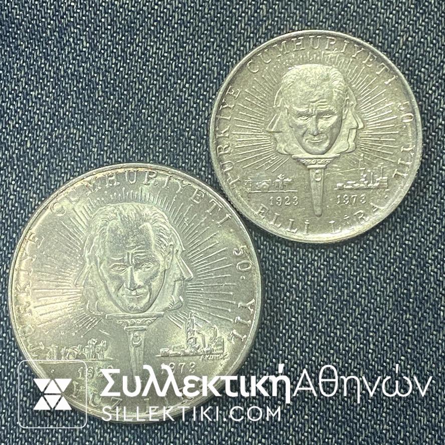 TURKEY 50 and 100 Lire 1973 AU/UNC