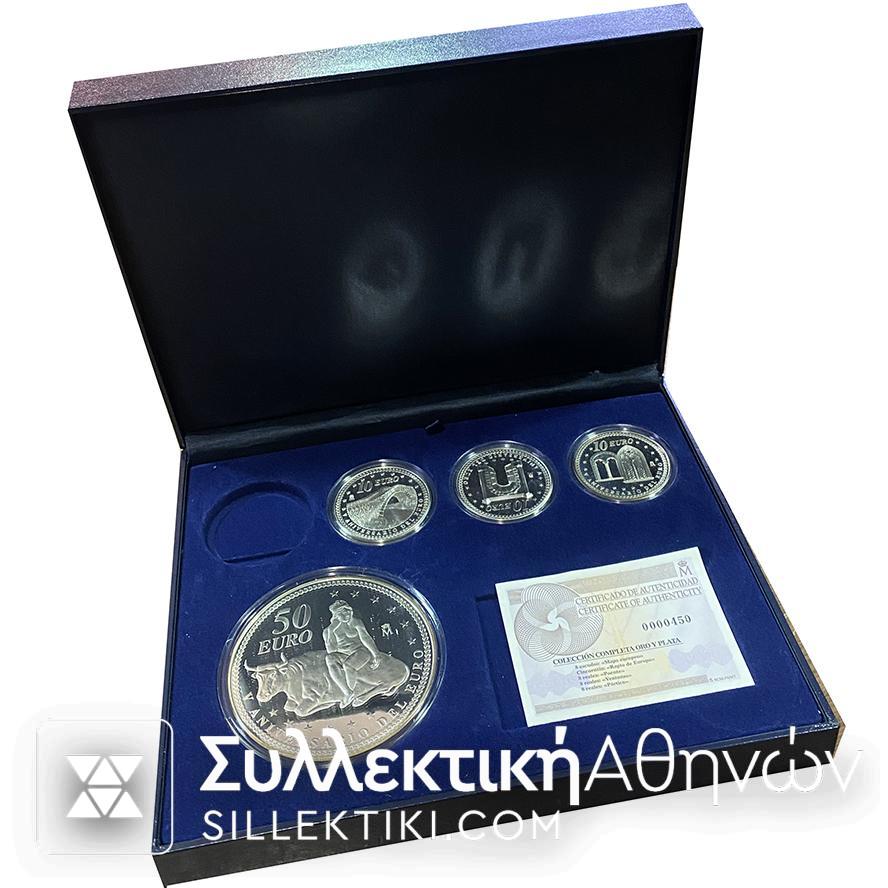 SPAIN SILVER SET (4) COINS EURO 2007 "ANIVERSARIO DEL EUR0"