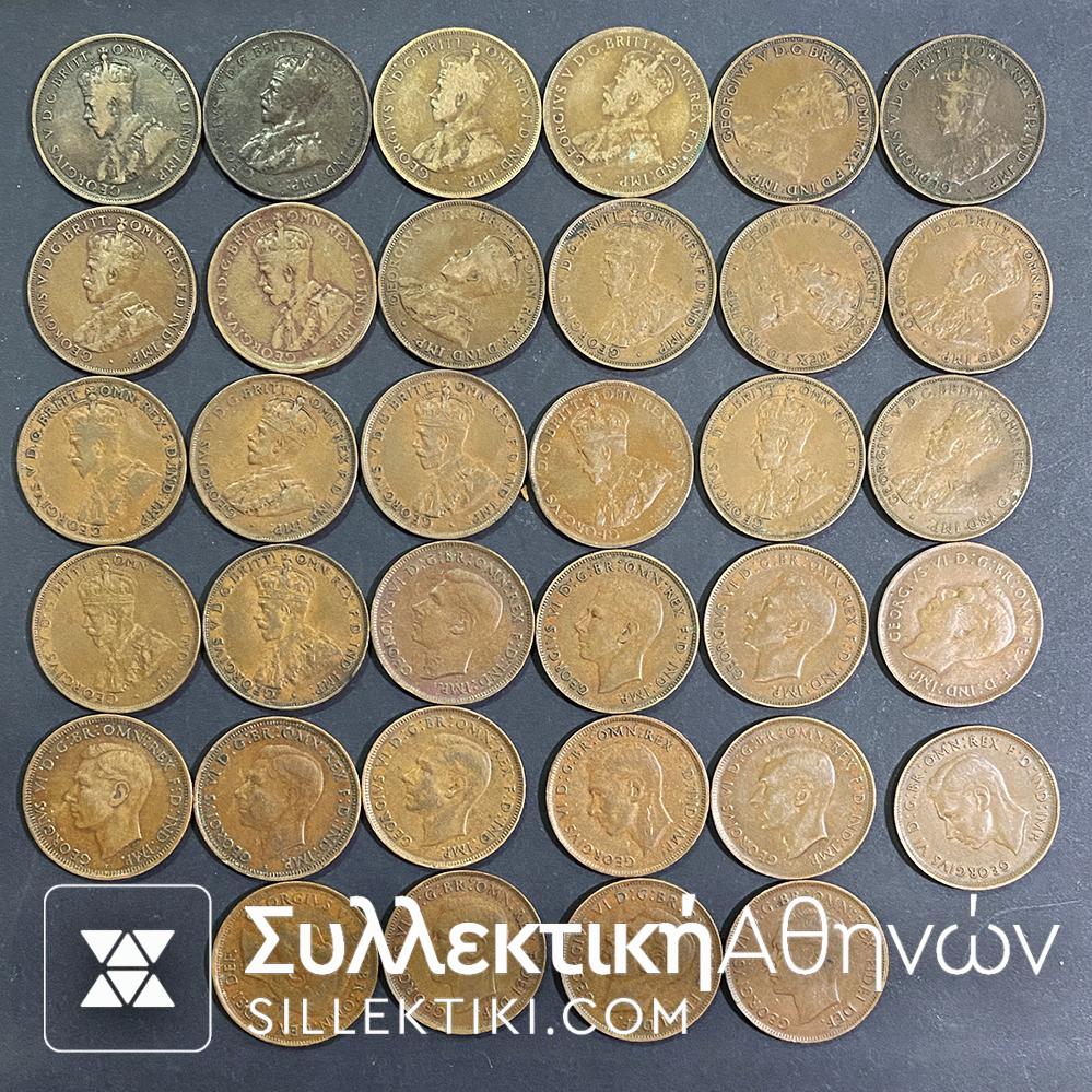 AUSTRALIA Collection Of 34 Different Penny 1911-1952