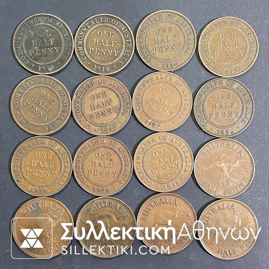 AUSTRALIA Collection Of 16 Diferent 1/2 Penny 1912-1949 VF