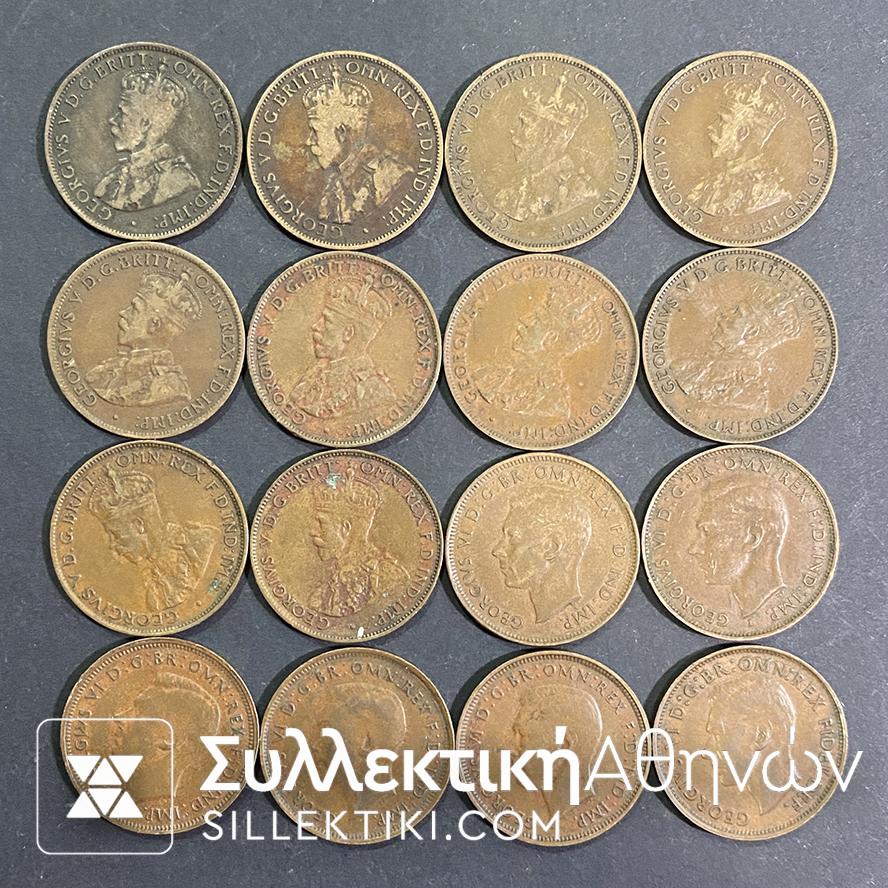 AUSTRALIA Collection Of 16 Diferent 1/2 Penny 1912-1949 VF