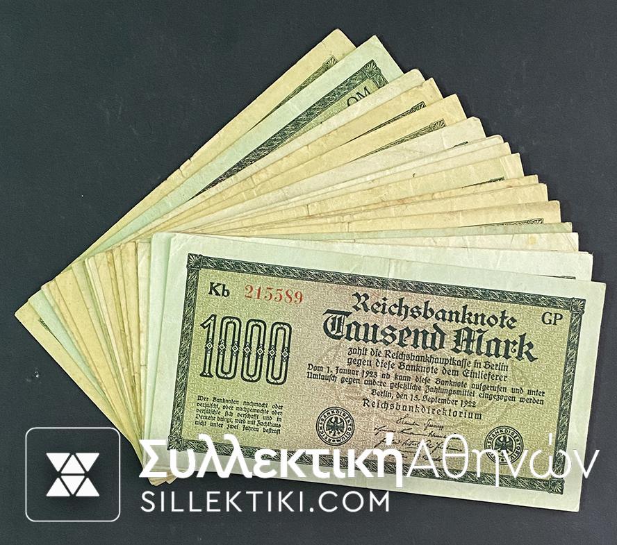 ΓΕΡΜΑΝΙΑ Συλλογη 20 Χαρτονομίσματα 1.000 Μάρκα 1922 VF-XF