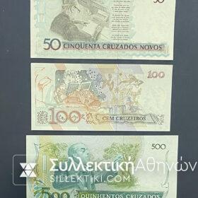 BRAZIL 3 Notes 50-100-500 CRUZEIROS UNC