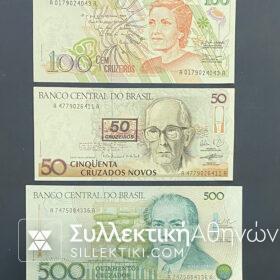 BRAZIL 3 Notes 50-100-500 CRUZEIROS UNC