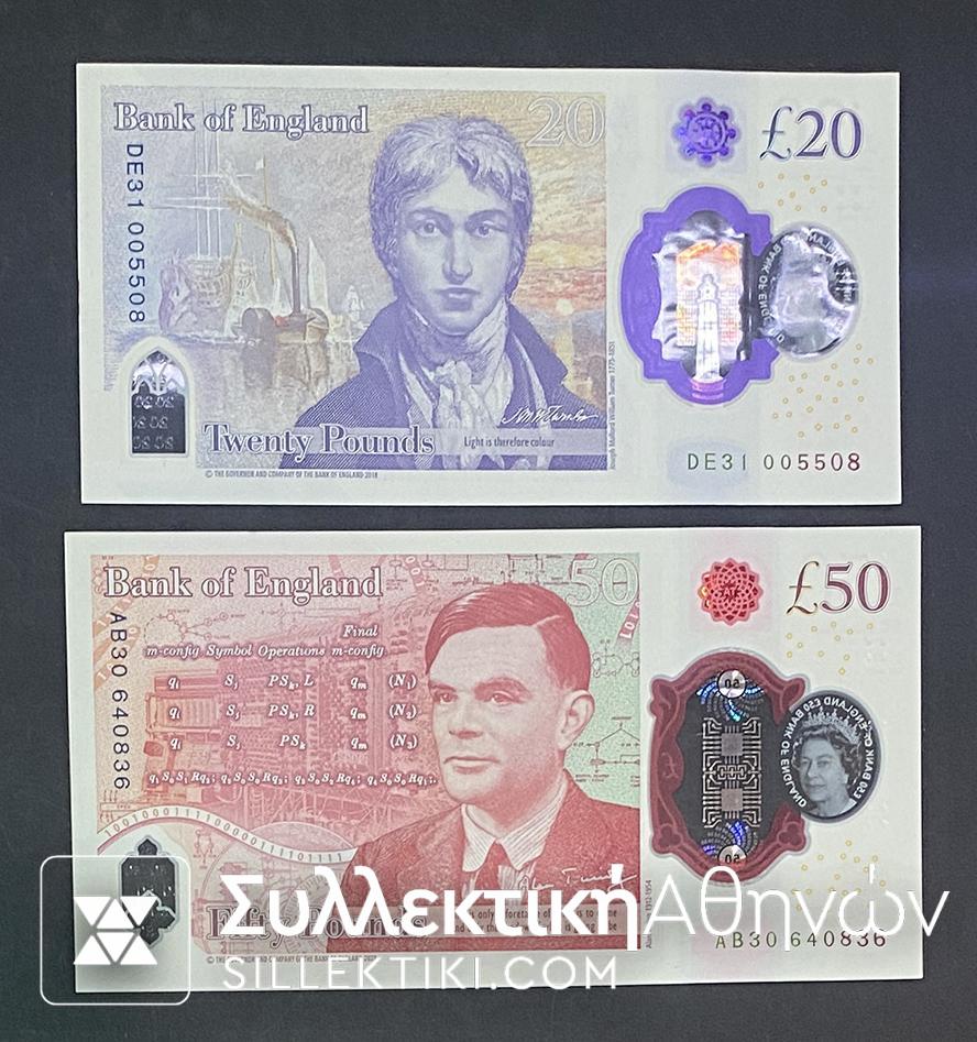 ΑΓΓΛΙΑ Χαρτονομίσματα 20 + 50 Pounds 2018 + 2020 UNC