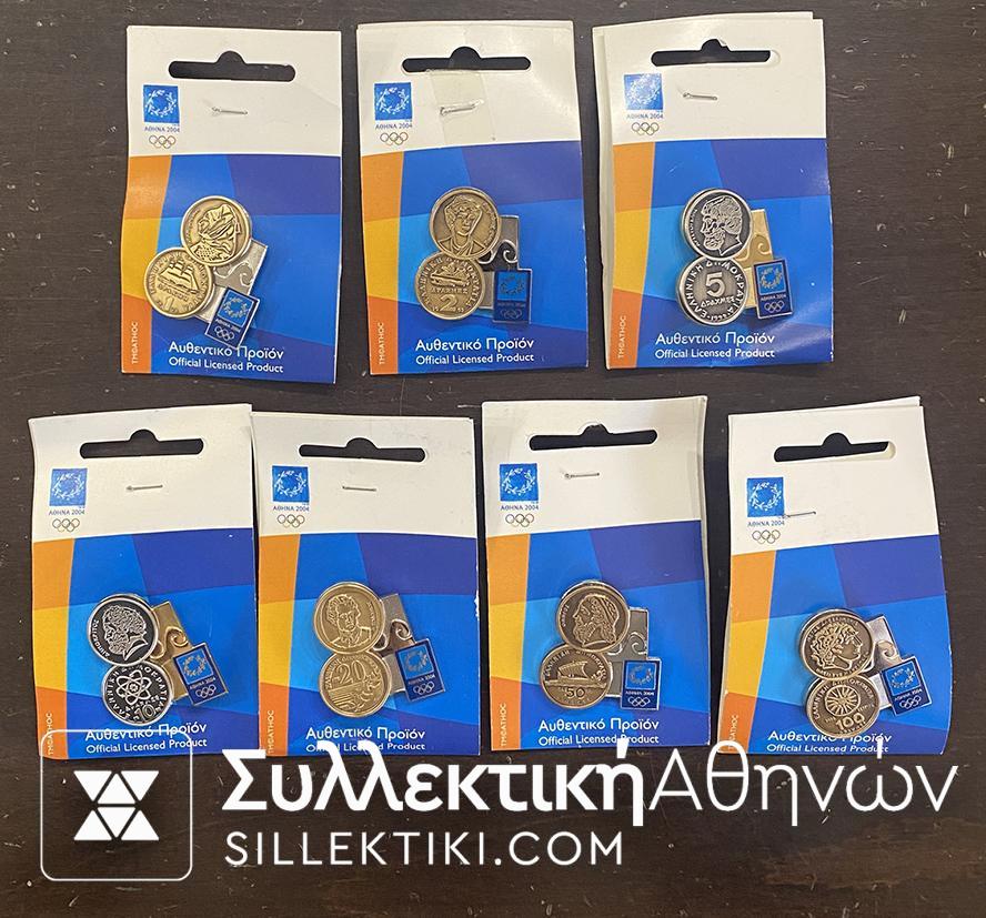 Full set Of 7 Official Pins Athens 2004 "GREEK COINS"