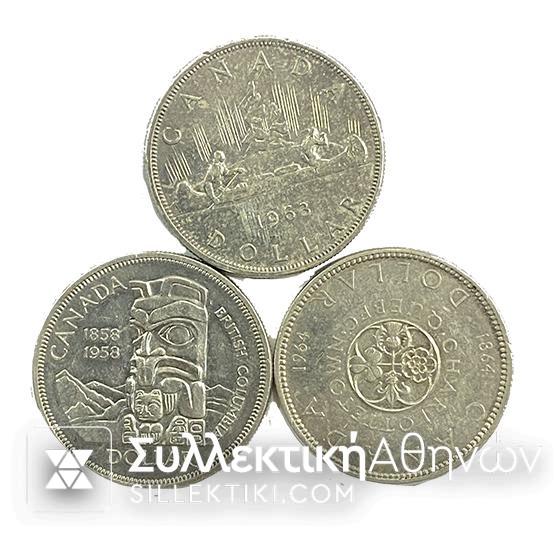 ΚΑΝΑΔΑΣ 3 Διαφορετικά Ασημένια Μονοδόλαρα  1958 - 1963 -1964