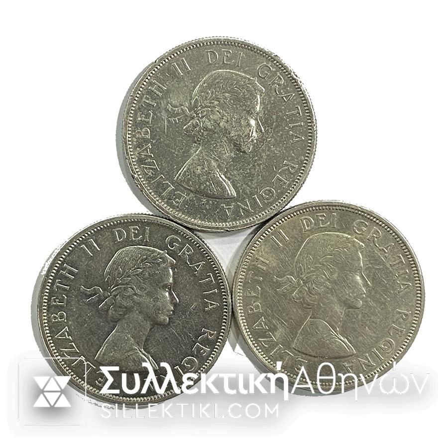 ΚΑΝΑΔΑΣ 3 Διαφορετικά Ασημένια Μονοδόλαρα  1958 - 1963 -1964