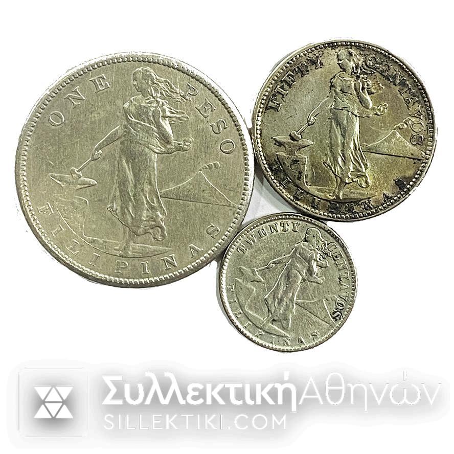 ΦΙΛΙΠΠΙΝΕΣ 3 Ασημένια Νομίσματ 20 και 50 Σένταβος και 1 Πέσο