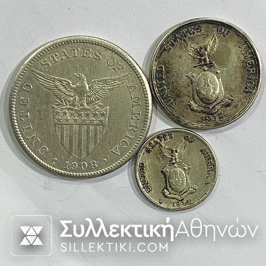 ΦΙΛΙΠΠΙΝΕΣ 3 Ασημένια Νομίσματ 20 και 50 Σένταβος και 1 Πέσο