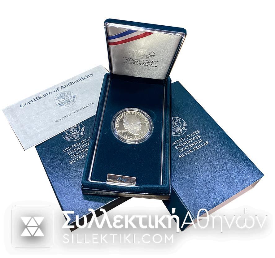 USA Proof1890•1990 P Eisenhower Centennial PF 90% Silver One Dollar Coin