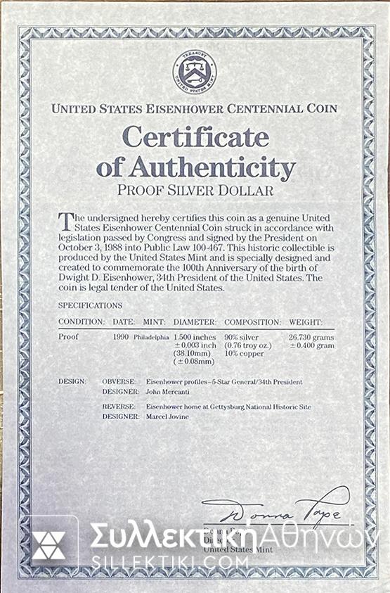 USA Proof1890•1990 P Eisenhower Centennial PF 90% Silver One Dollar Coin