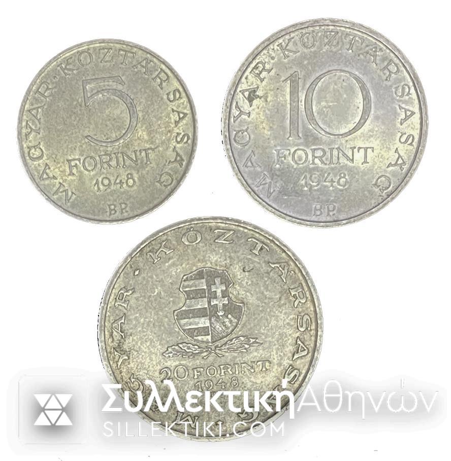 ΟΥΓΓΑΡΙΑ 3 Δυσεύρετα Νομίσματα 5.10.20 Φορίντ 1948 UNC
