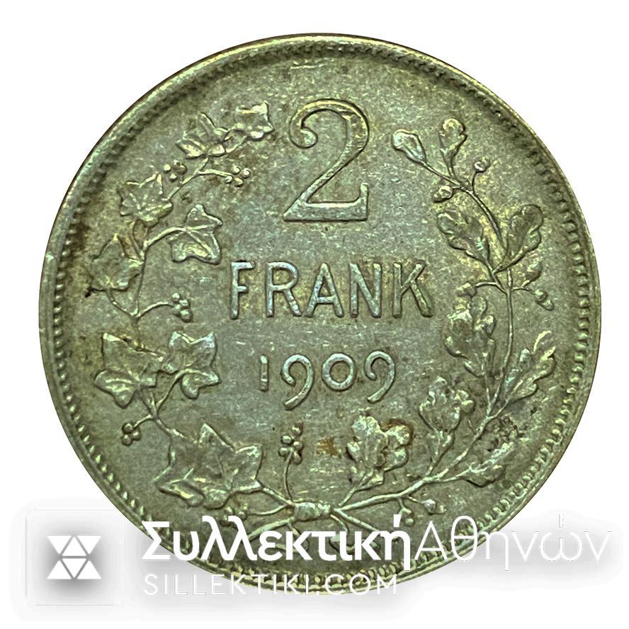 ΒΕΛΓΙΟ 2 Φράνγκα 1909 Ασημένιο νόμισμα σε XF