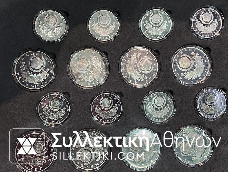ΚΟΡΕΑ Πλήρες σετ (16) Ασημένιων Νομισμάτων 1988 Ολυμπιάδας