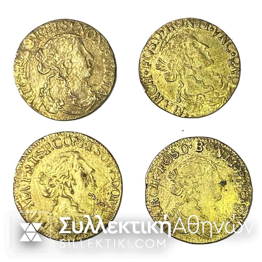 FRANCE 4 Silver Coins of the 17th Century with Anne Marie Louise. Gold plated in very good condition 1/12 ECU 1666 X2 and 1/12 Ecu 1669 X 2