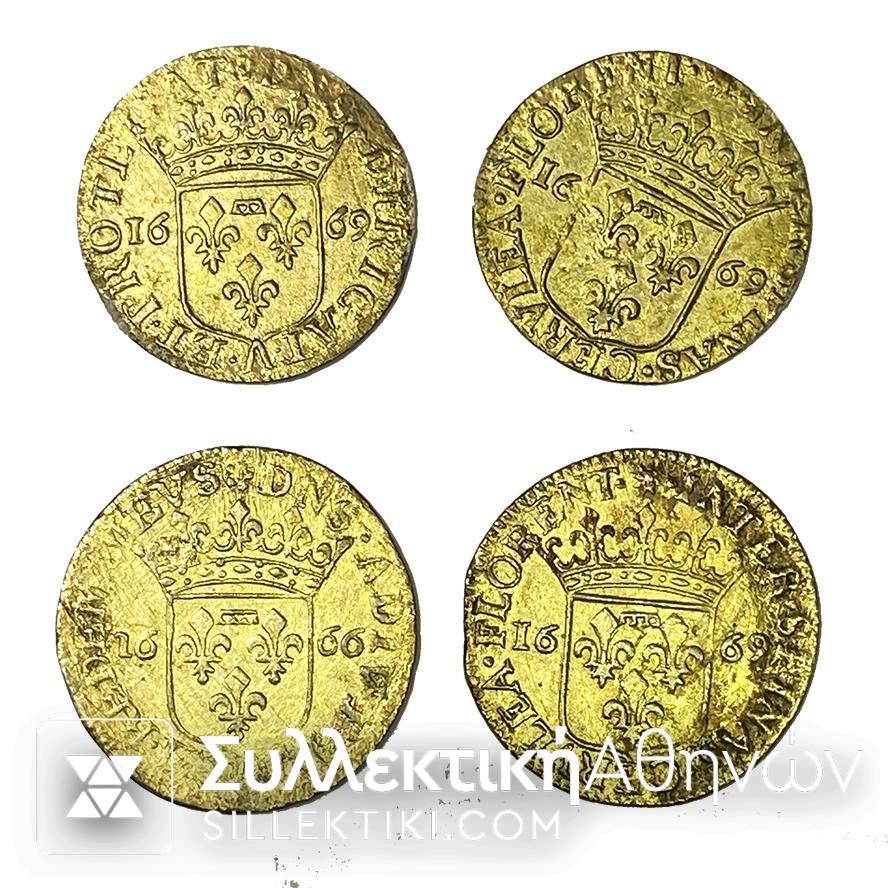 FRANCE 4 Silver Coins of the 17th Century with Anne Marie Louise. Gold plated in very good condition 1/12 ECU 1666 X2 and 1/12 Ecu 1669 X 2