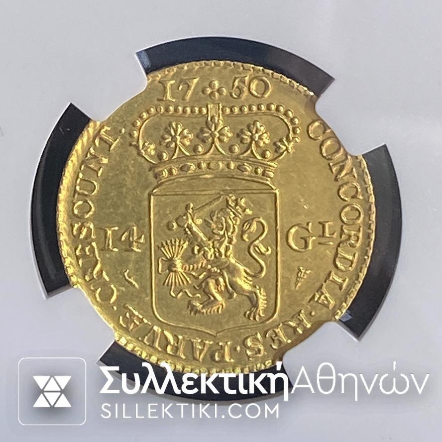NETHERLANDS 14 G. 1750 Restrike 1960 Gold Coin certified by NGC as UNC DETAILS